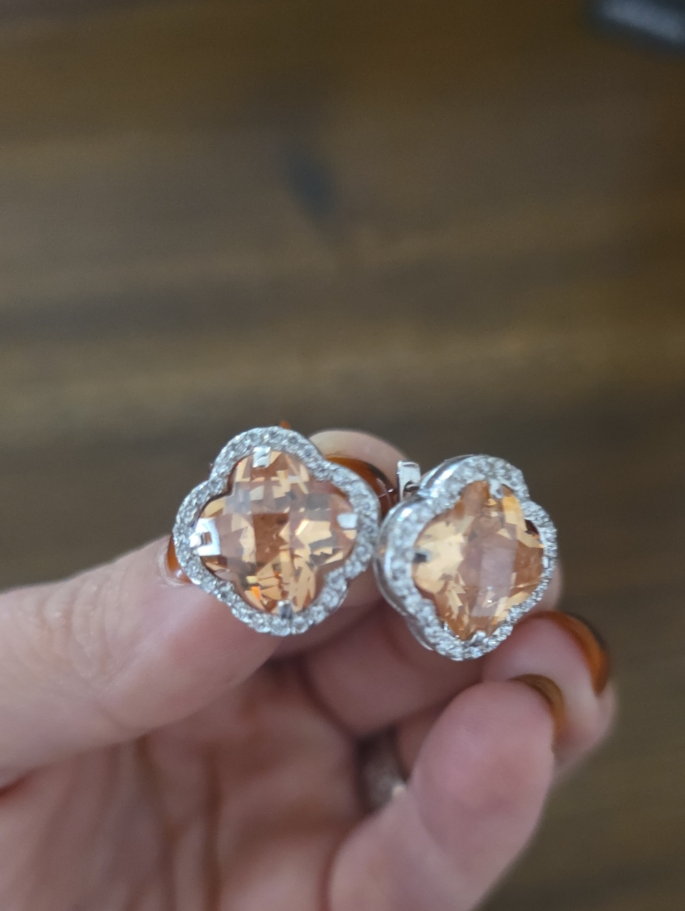 Sterling Champagne Crystal Clover Stud Earrings with Halo Accent